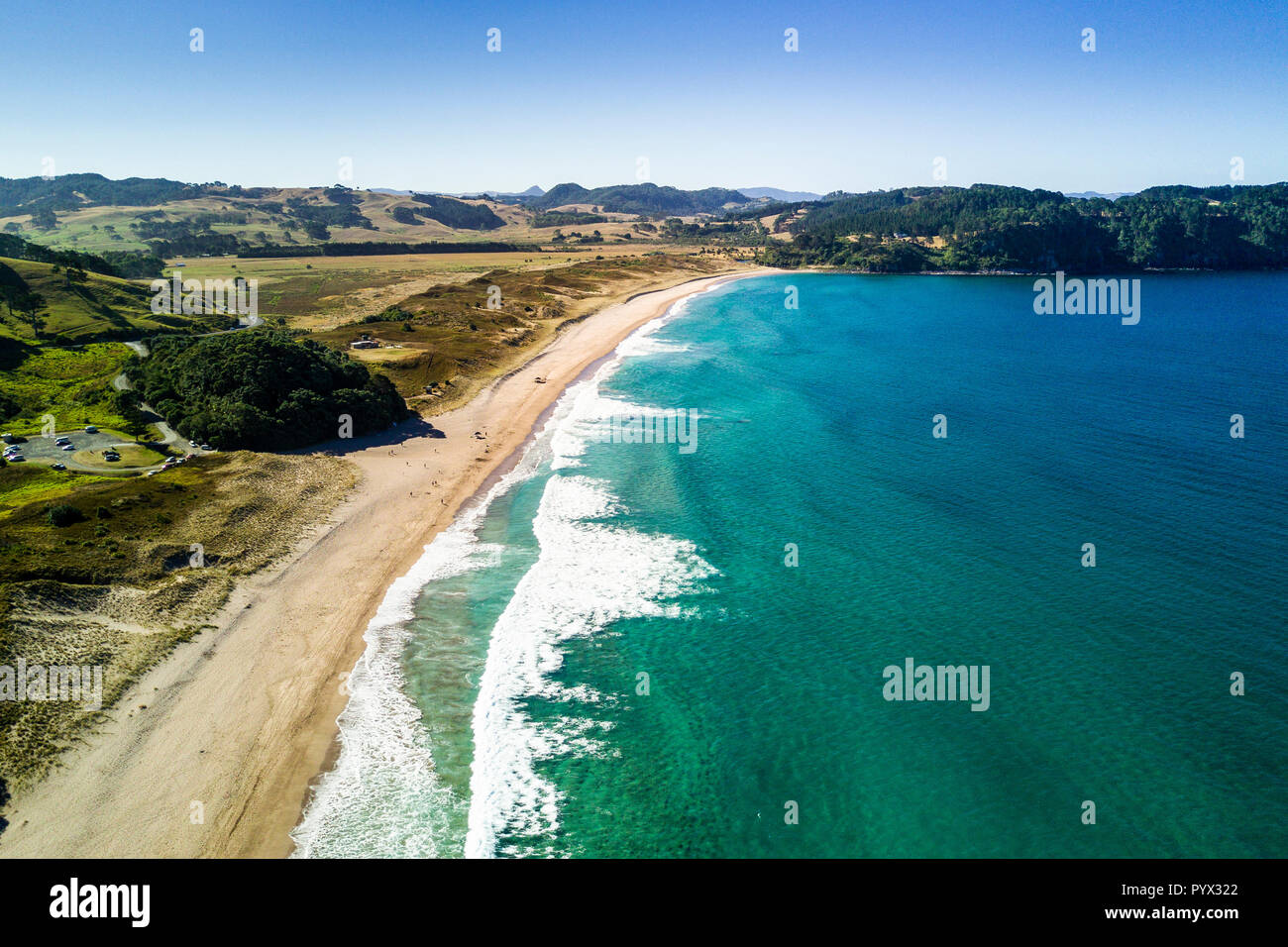 Vista aérea de la playa de agua caliente en la península Coromandel, Nueva Zelanda Foto de stock