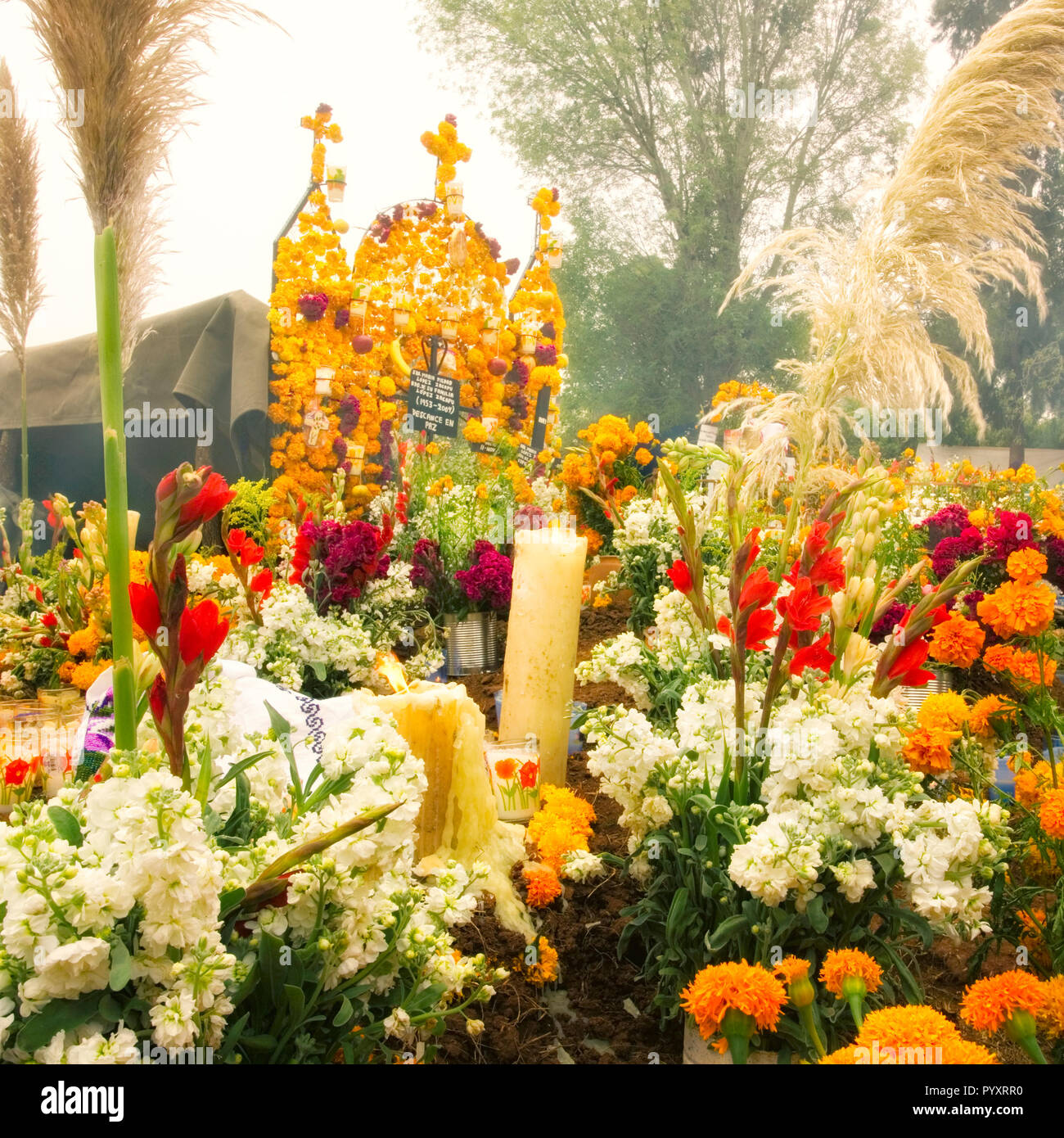 Flores y velas decorar una tumba en Día de Muertos en Tzintzuntzan,  Michoacán, México Fotografía de stock - Alamy