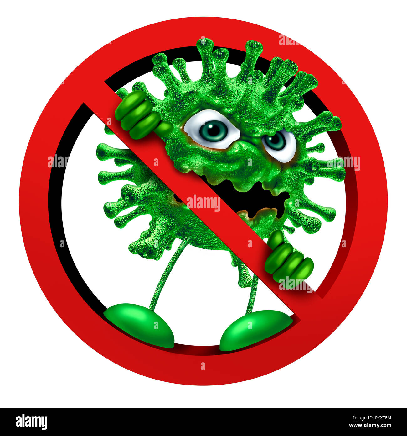 Detener virus firmar la inmunidad como un símbolo de carácter patógeno en una prohibición o icono prohibido como vacunación o la higiene de la salud como una idea en 3D Render. Foto de stock