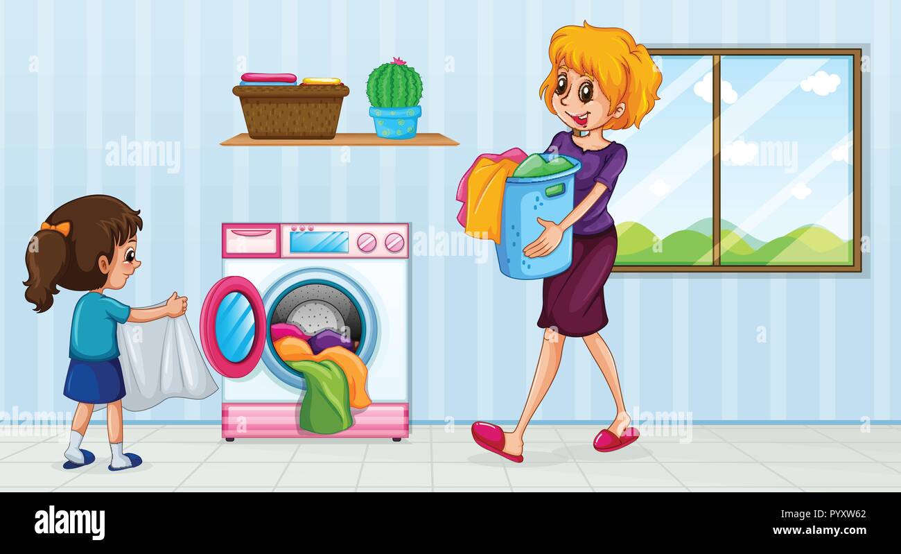 Madre e hija lavando ropa ilustración Imagen Vector de stock - Alamy