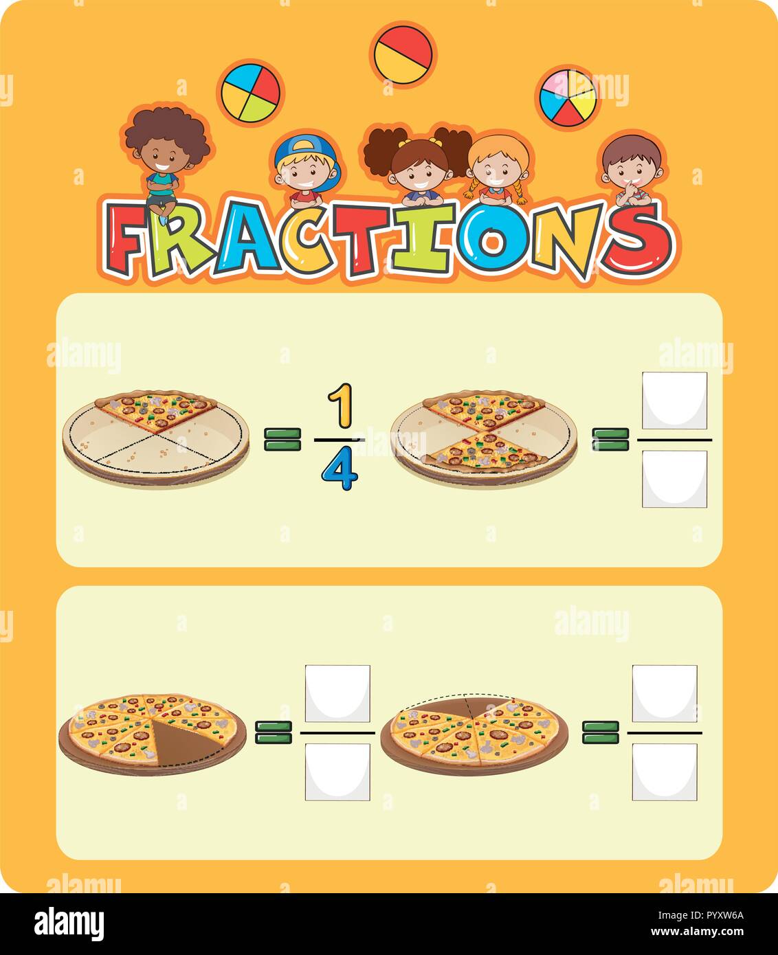 Pizza fracciones matemáticas ilustración de hoja de cálculo Imagen Vector  de stock - Alamy