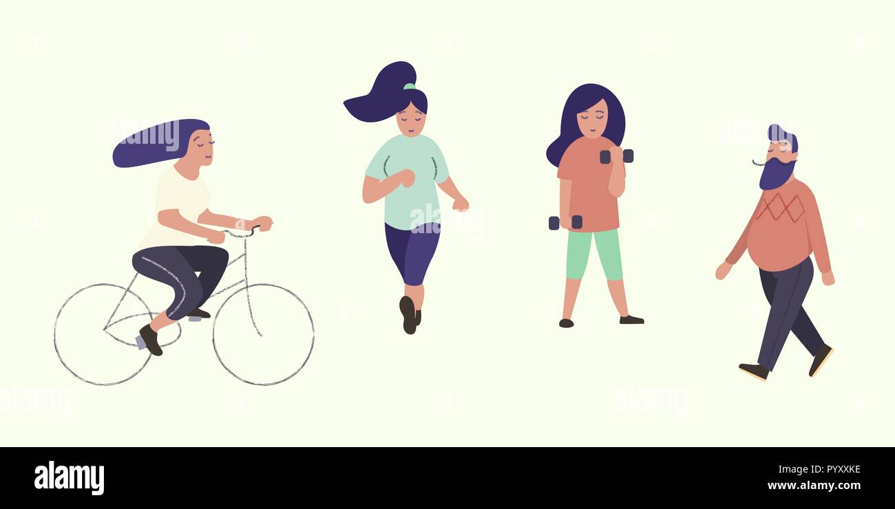 Personas Activas Estilo De Vida Saludable Conjunto De Planos Vectoriales Personajes De Dibujos Animados Marcha Bicicleta Caminando Al Hombre Y A La Mujer Imagen Vector De Stock Alamy