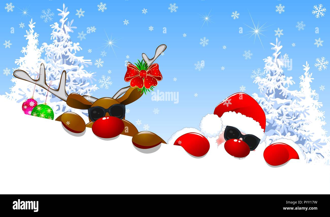 Santa y un ciervo está tumbado en la nieve con el telón de fondo de un bosque invernal. Santa y un ciervo con una nariz roja. Ilustración del Vector