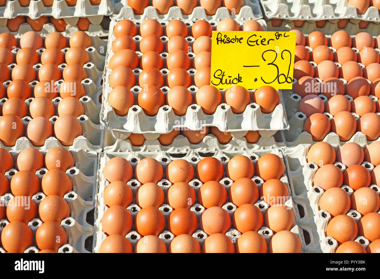 Frescos huevos marrones en los cartones de huevo con etiqueta de precio en  un puesto en el mercado, Alemania Fotografía de stock - Alamy