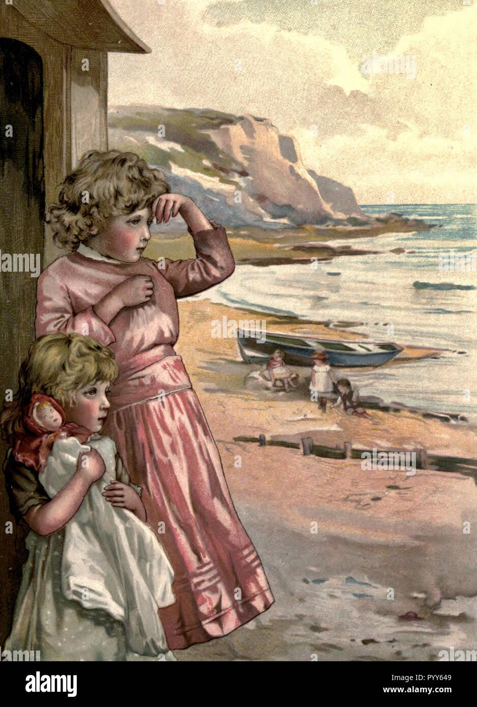 Dos niñas en busca del barco de su padre en la época victoriana Foto de stock