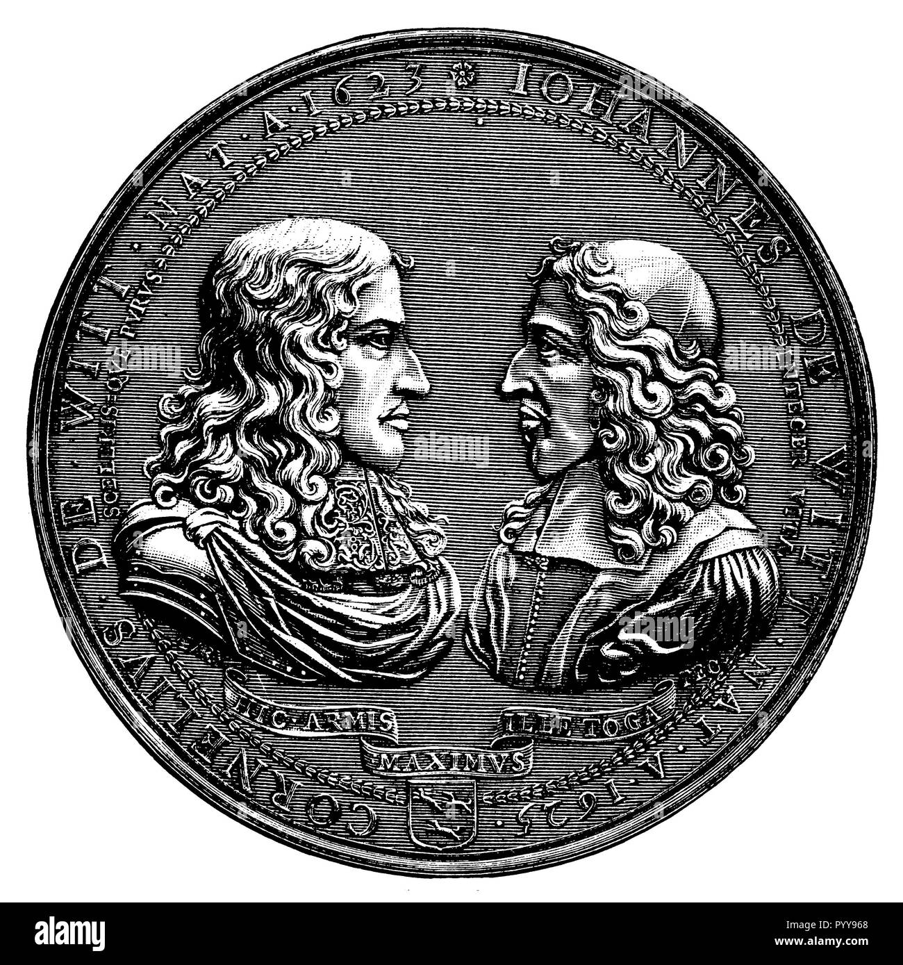 Los retratos de los hermanos Cornelius y Johann de Witt en una moneda, 1899 Foto de stock