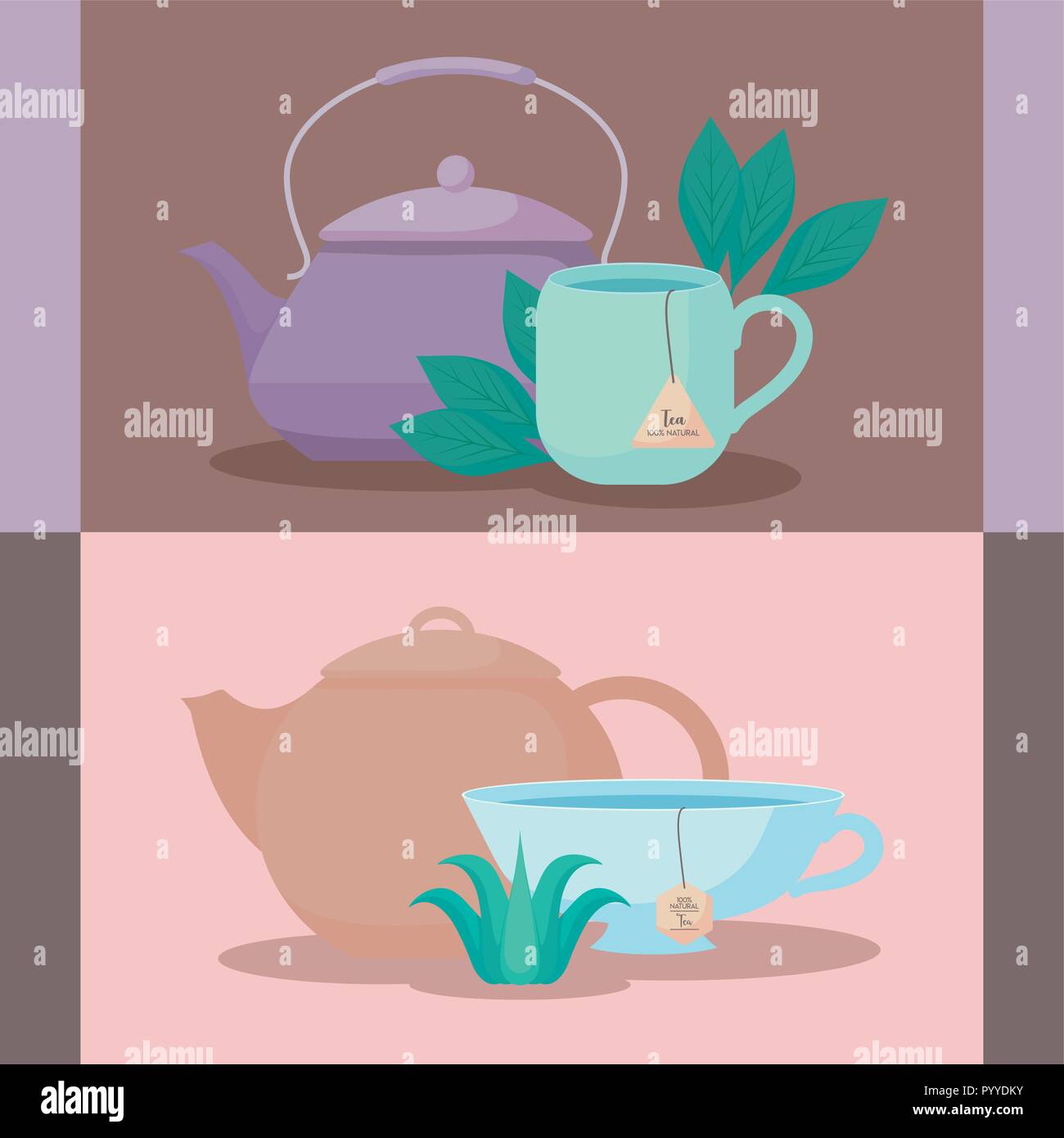 Conjunto de teteras con tazas de té de hierbas, diseño de Ilustración de Tetera Azul Y Taza Con Té De Hierbas En