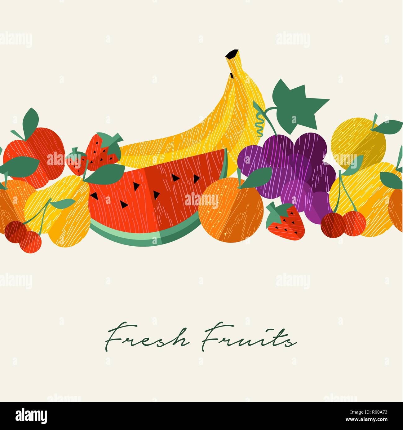 Frutas frescas orgánicas ilustración menú Fondo para la nutrición y la comida sana dieta con coloridos iconos planas. Incluye manzana, plátano, sandía, o Ilustración del Vector