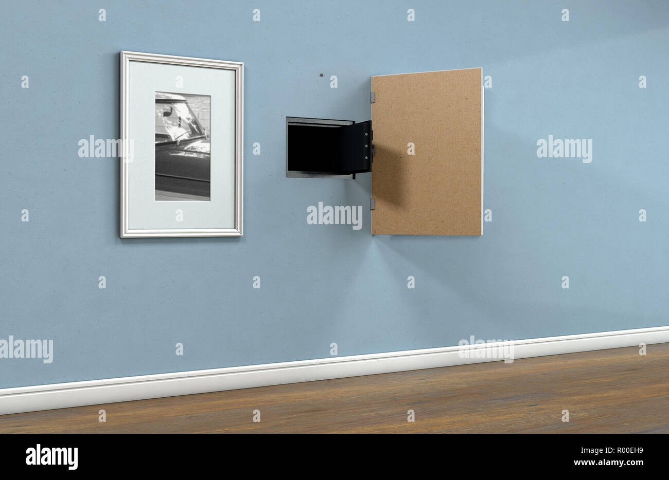 Abrir una caja fuerte escondida detrás de un revelado colgando imagen  enmarcada en un piso pared azul en una casa con pisos de madera brillante -  3D Render Fotografía de stock - Alamy