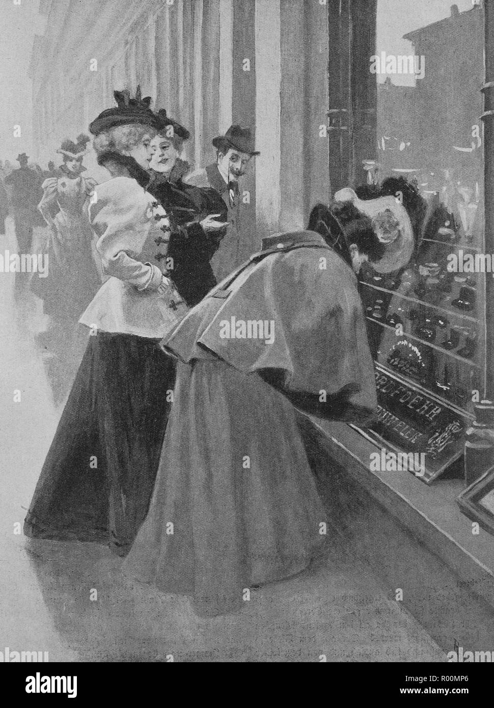 Mejora Digital de la reproducción, las mujeres están de pie delante de la ventana de un joyero y busca las felicitaciones navideñas, impresión original desde el año 1899 Foto de stock