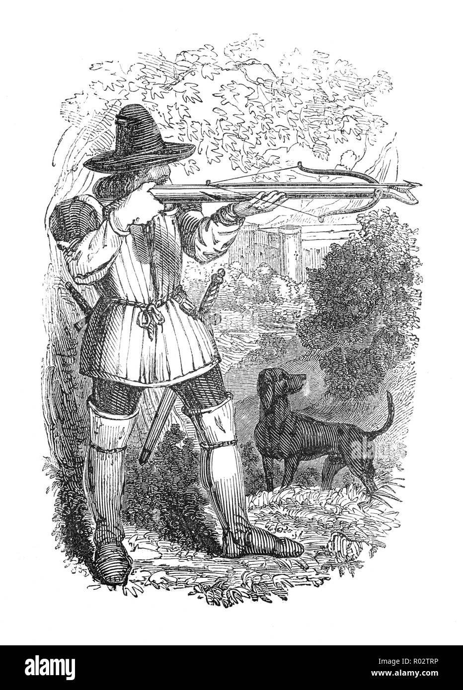 Una ballesta inglesa medieval-hombre de caza. El uso de la ballesta creció  a pasos agigantados, entre el 13 y el mid-15th siglos. Las razones de este  aumento constante en popularidad son que