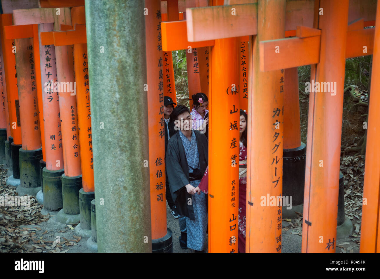 Kyoto, Japón, japonés subir un torii ruta al Fushimi Inari-Taisha Foto de stock