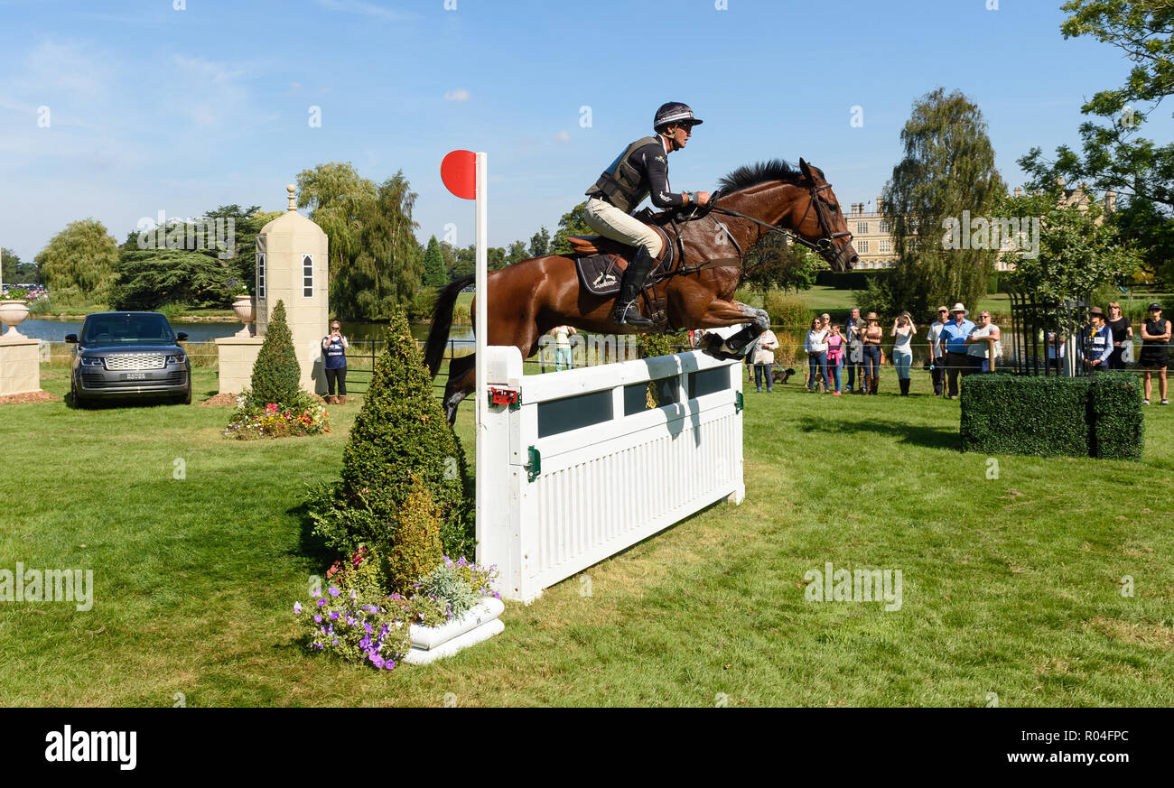 Andrew Nicholson y el JET SET IV durante la fase de cross country de la Land Rover Burghley Horse Trials 2018 Foto de stock