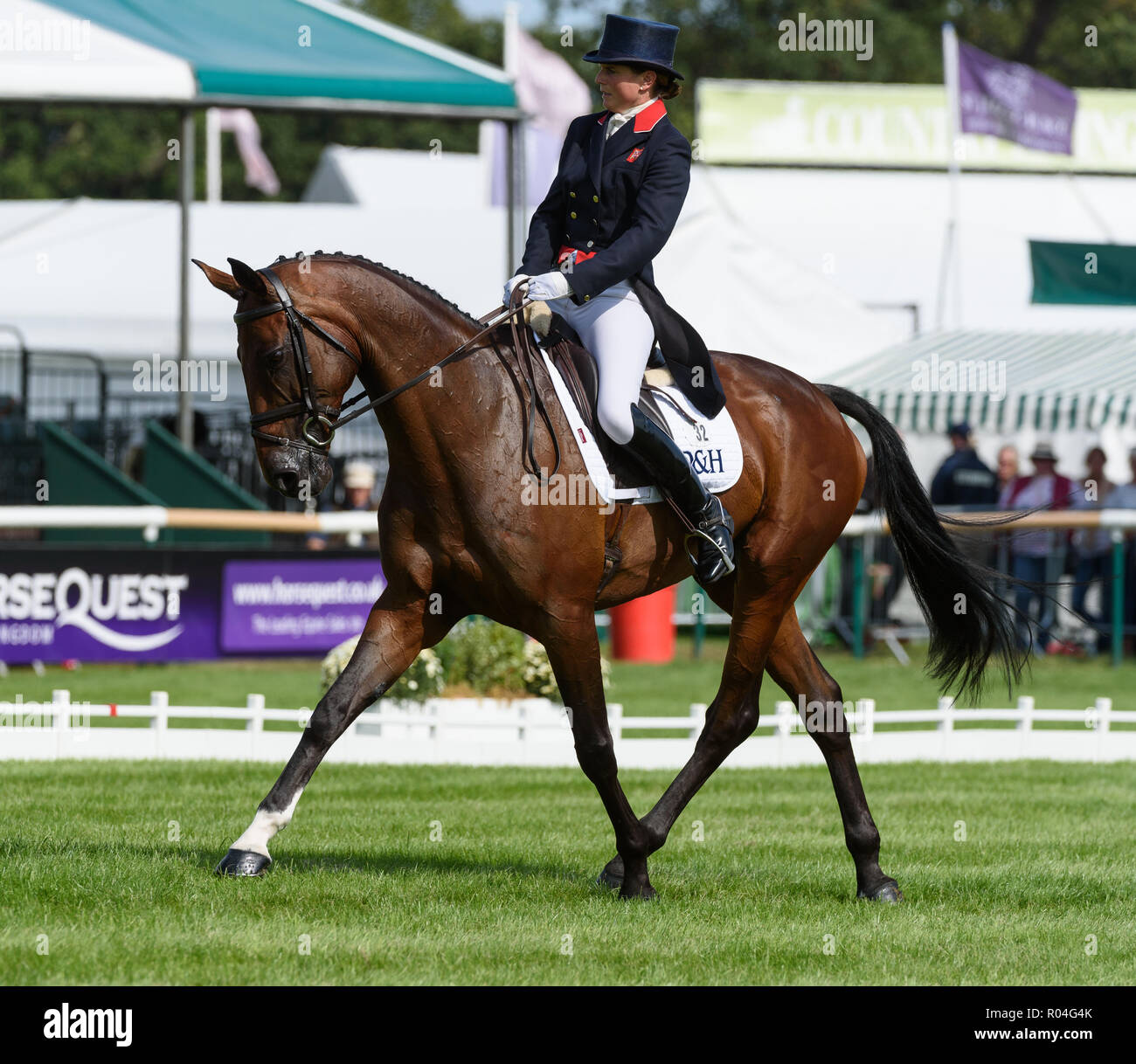 Piggy francés y VANIR KAMIRA durante la fase de doma de los caballos de Burghley Land Rover ensayos, 2018 Foto de stock