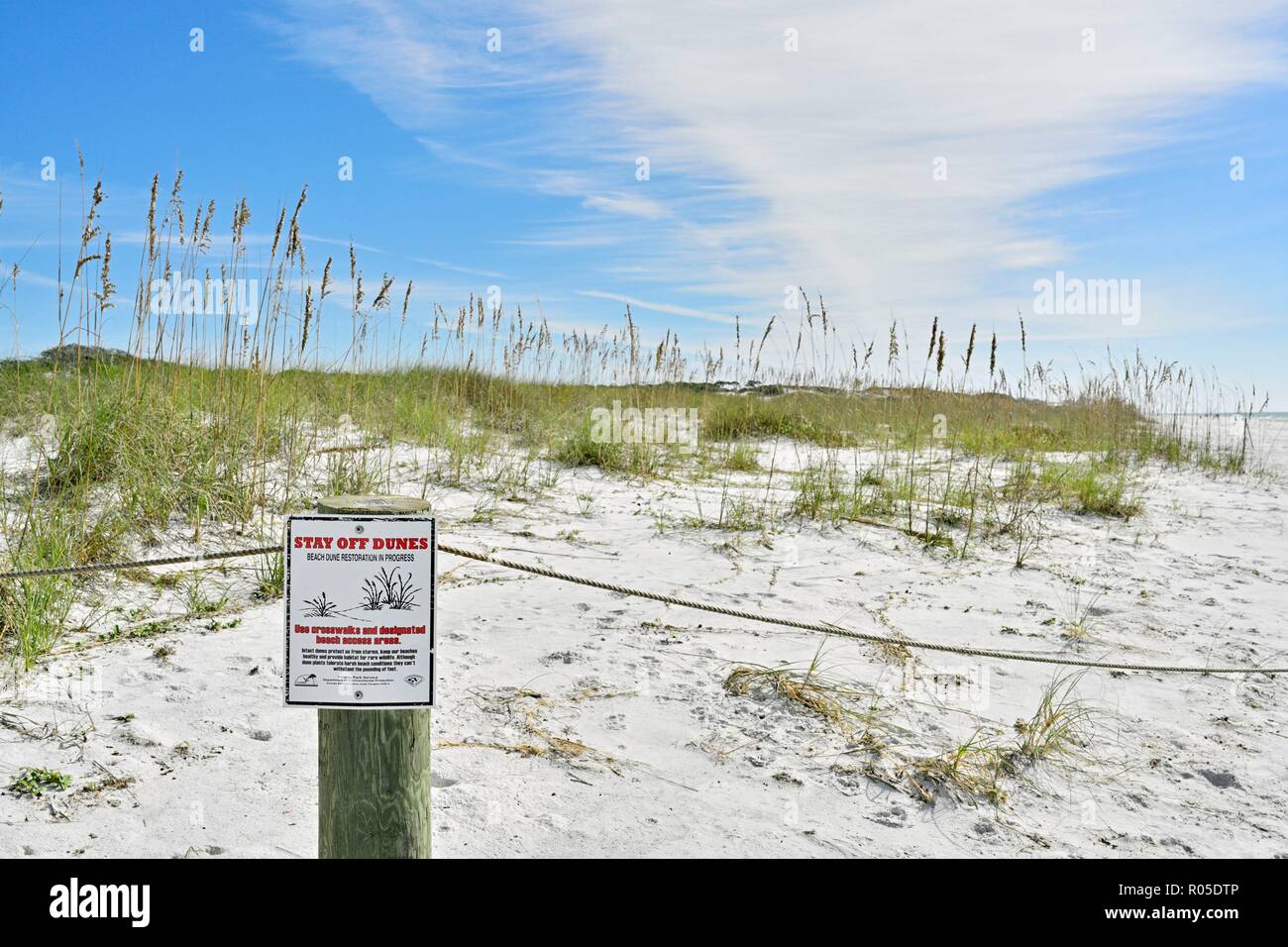 Señal de advertencia para mantener apagado el protegido de dunas de arena blanca y mar avena a lo largo de la playa de Florida en Deer Lake State Park. Foto de stock