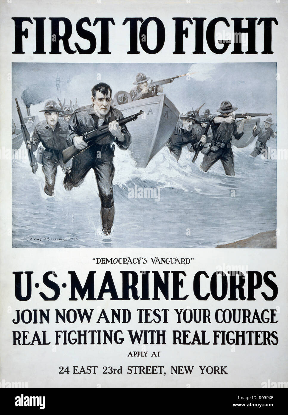 Afiche de reclutamiento del Cuerpo de Infantería de Marina de EE.UU. publicó 1917. Después de un trabajo de Illustrator Sidney H. Riesenberg, 1885-1971. Foto de stock