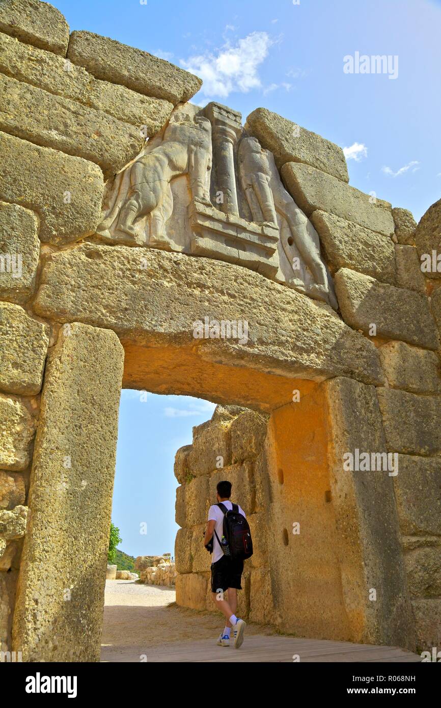 La puerta de los Leones, Micenas, Sitio del Patrimonio Mundial de la UNESCO, Argolis, el Peloponeso, Grecia, Europa Foto de stock