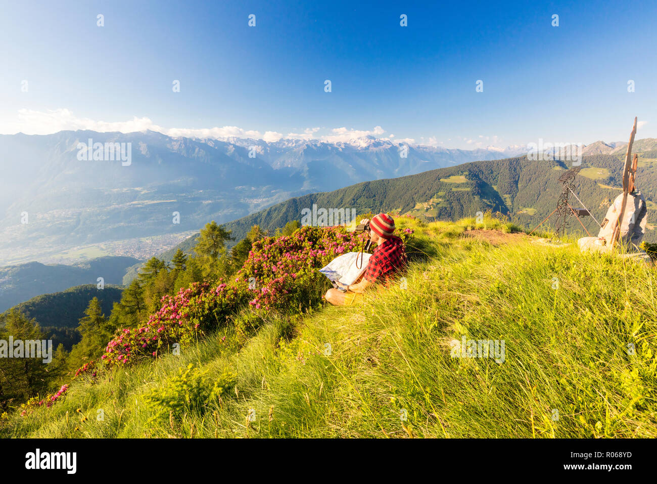 Excursionista con prismáticos y mira hacia Rhaetian mapa de los Alpes y el Monte Disgrazia desde Pizzo Berro, Bitto Valle, Lombardía, Italia, Europa Foto de stock