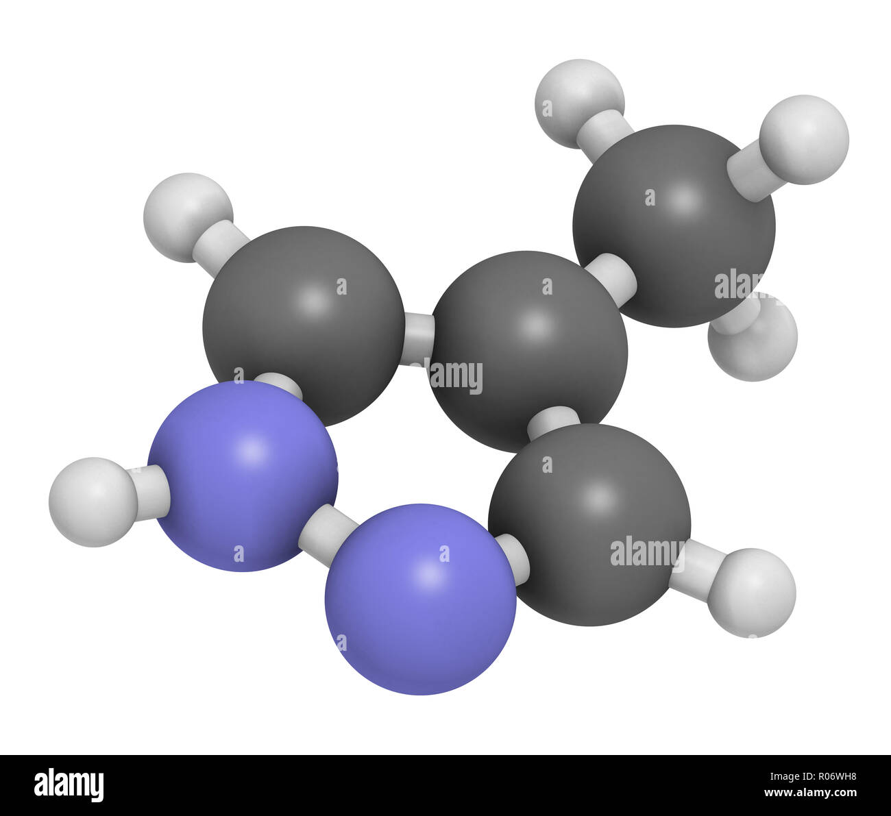 Fomepizole molécula. Antídoto usado para tratar la intoxicación con etilenglicol y metanol. 3D rendering. Los átomos son representados como esferas convencionales con c Foto de stock