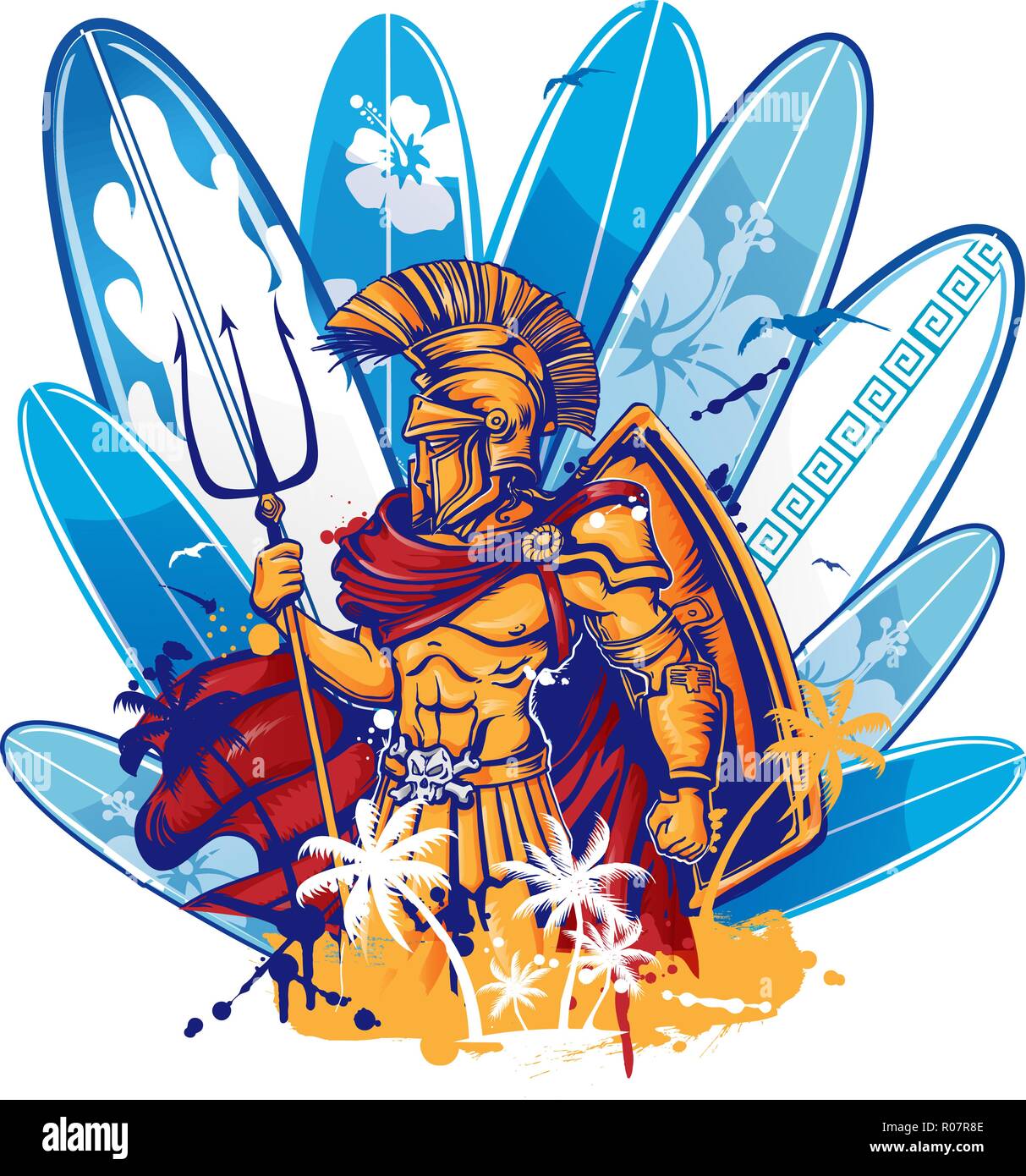 Poseidón surfer sobre elementos de tabla de surf Ilustración del Vector