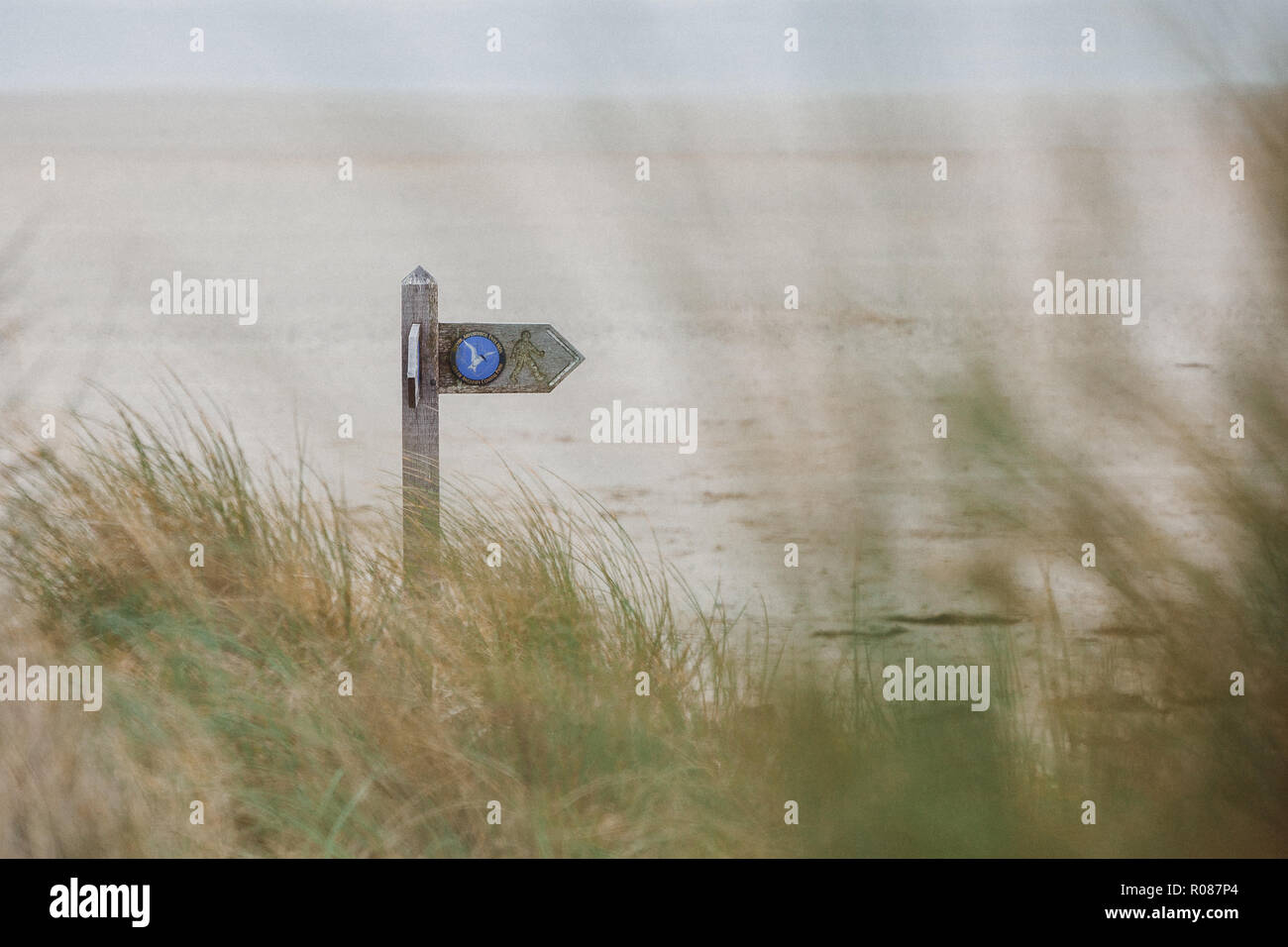 Anglesey sendero público signo en playa, Traeth Cymyran Cymyran, Rhosneigr, North Wales, REINO UNIDO Foto de stock