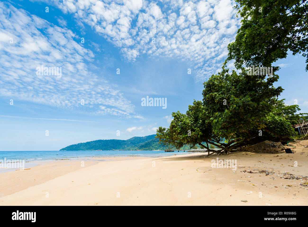 El paisaje tropical de la isla de Tioman en Malasia. Hermoso paisaje del sur de Asia oriental en Tekek playa. Foto de stock
