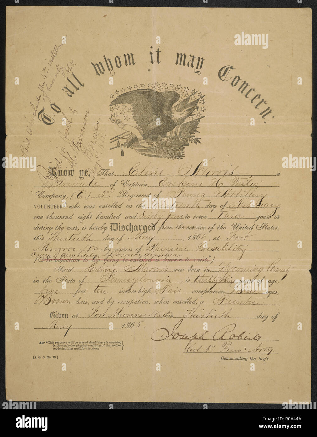 Gobierno de EE.UU. certificado privado Descarga Cline Morris de Co. E, 3º Regimiento de artillería pesada de Pennsylvania, la Guerra Civil Americana, USA, 1865. Foto de stock