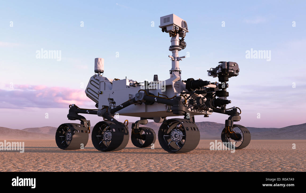 Mars Rover robótico vehículo espacial autónoma en un planeta desierto con montañas de fondo, 3D rendering Foto de stock