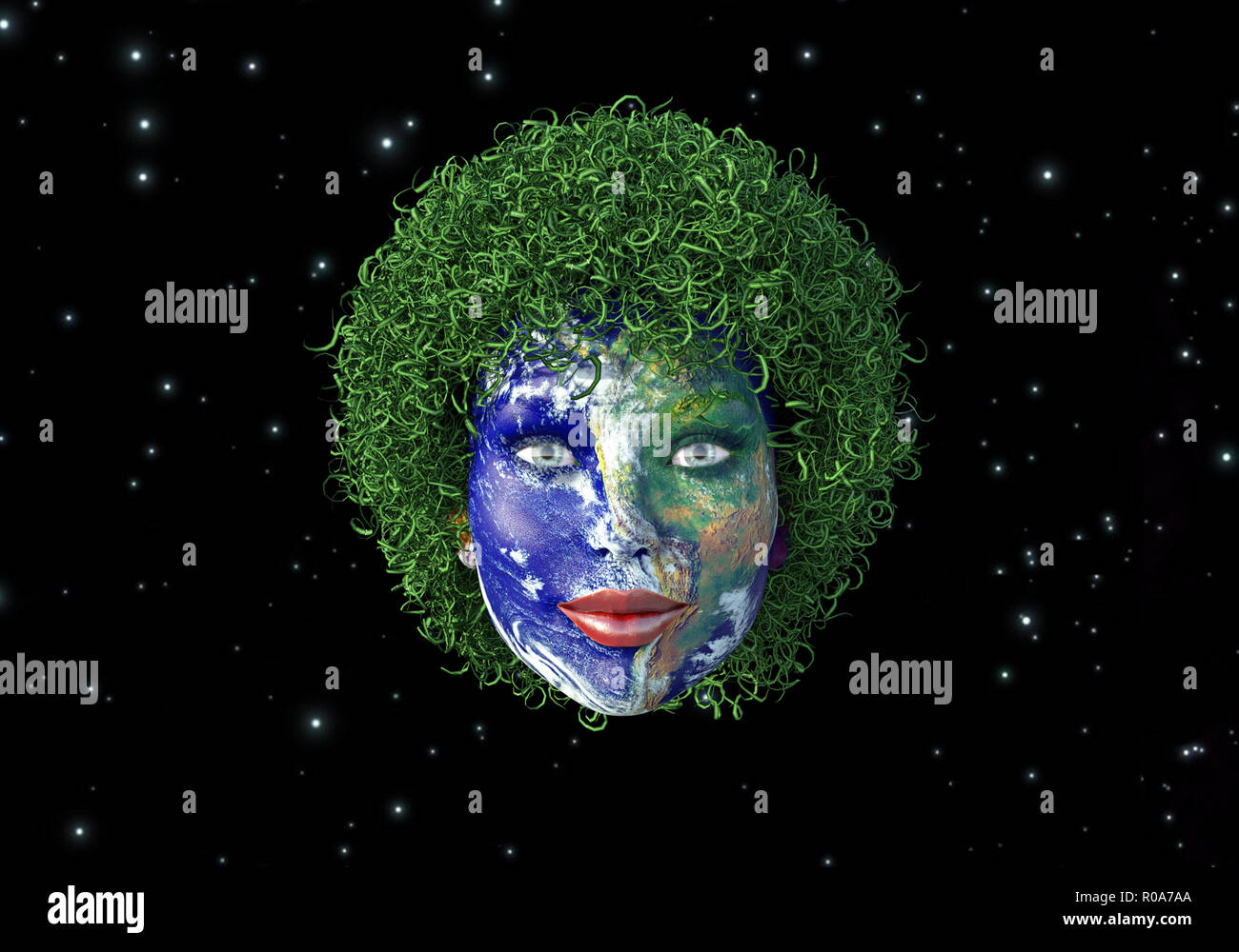 La madre tierra, cara de mujer representando a la Madre Naturaleza en el espacio Foto de stock