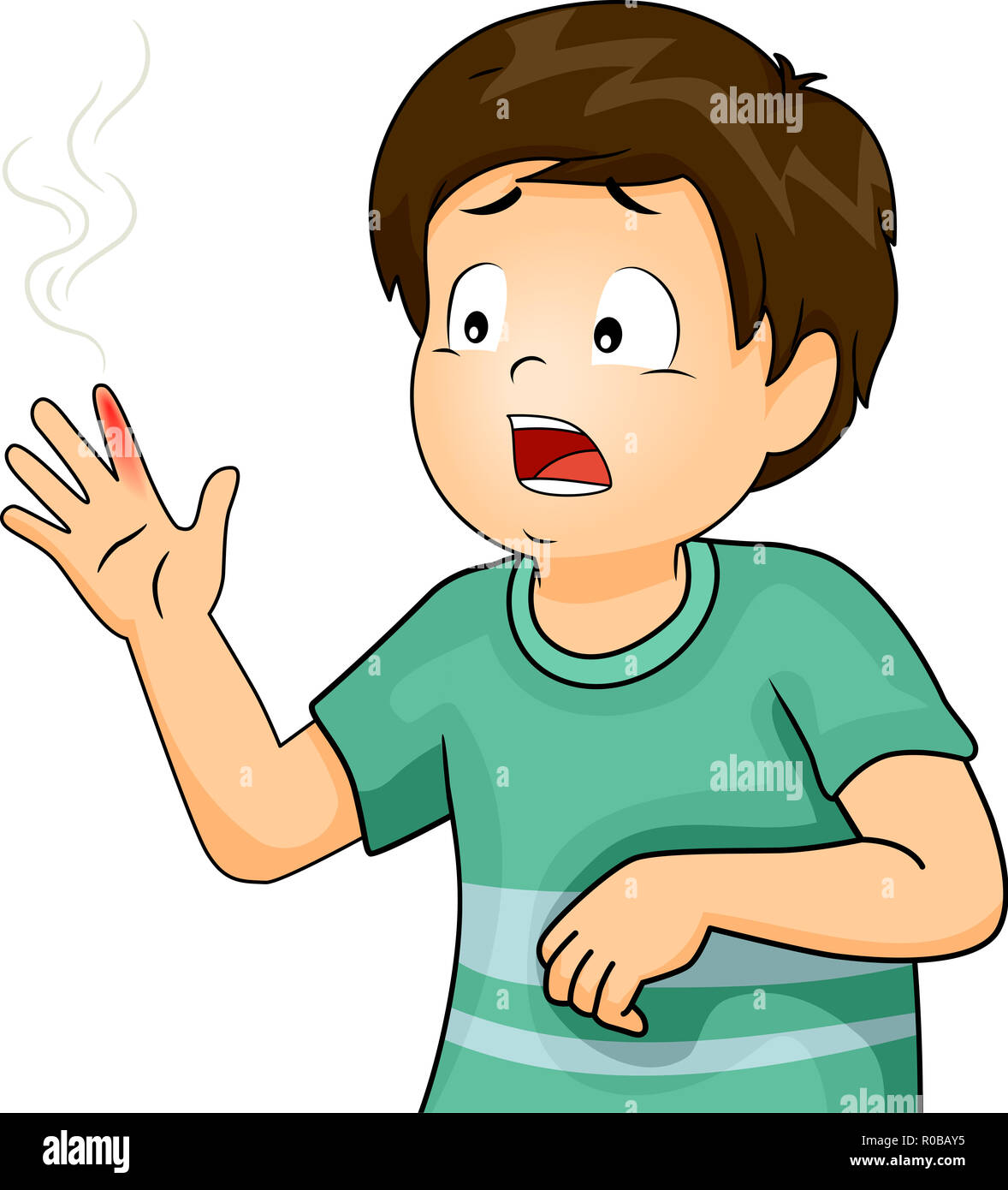 Ilustración de un niño chico en dolor con un dedo que sufren quemaduras