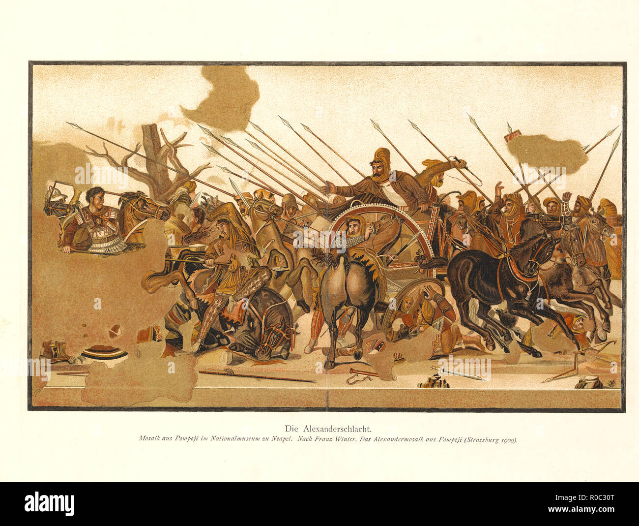 Alejandro Magno versus Darío III de Persia durante la batalla de Issus, Mosaico mosaico descubierto en las ruinas de Pompeya, el Museo Nacional de Nápoles, Estrasburgo, 1909. Foto de stock
