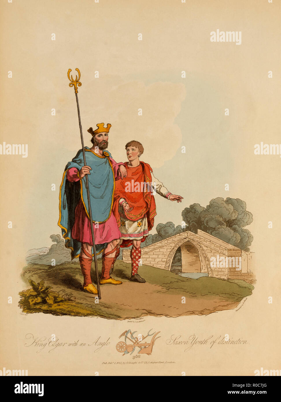 El rey Edgar con un anglosajón Juventud de distinción, 966, grabado por I.A. Atkinson, 1815 Foto de stock