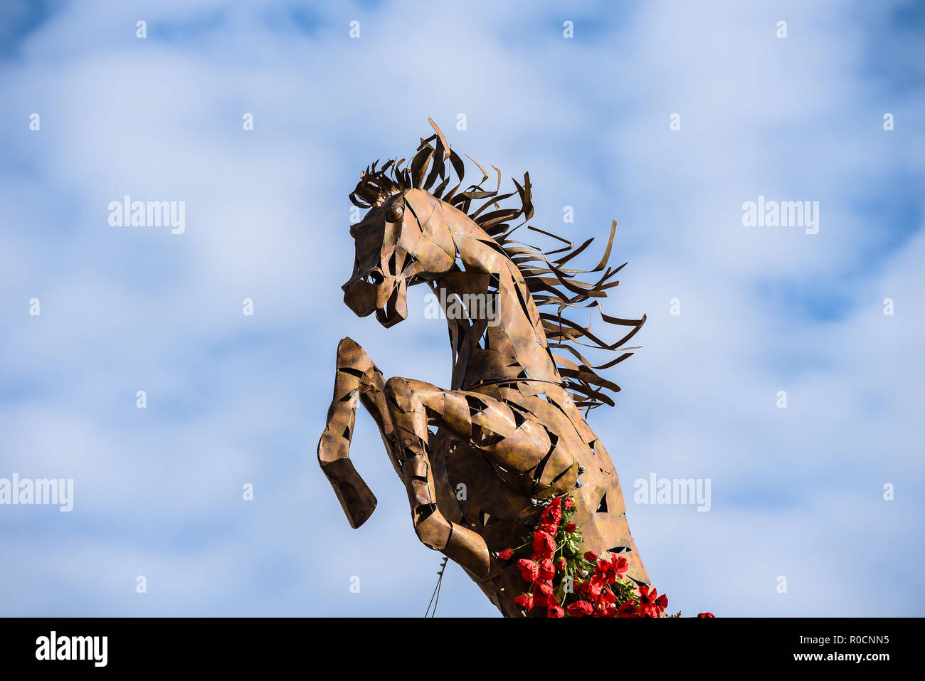 Recuerdo el Día del Armisticio conmemoración del centenario a caballo con amapolas rojas crecen. Roslin Beach Hotel Primera Guerra Mundial, gran pantalla War Memorial Foto de stock