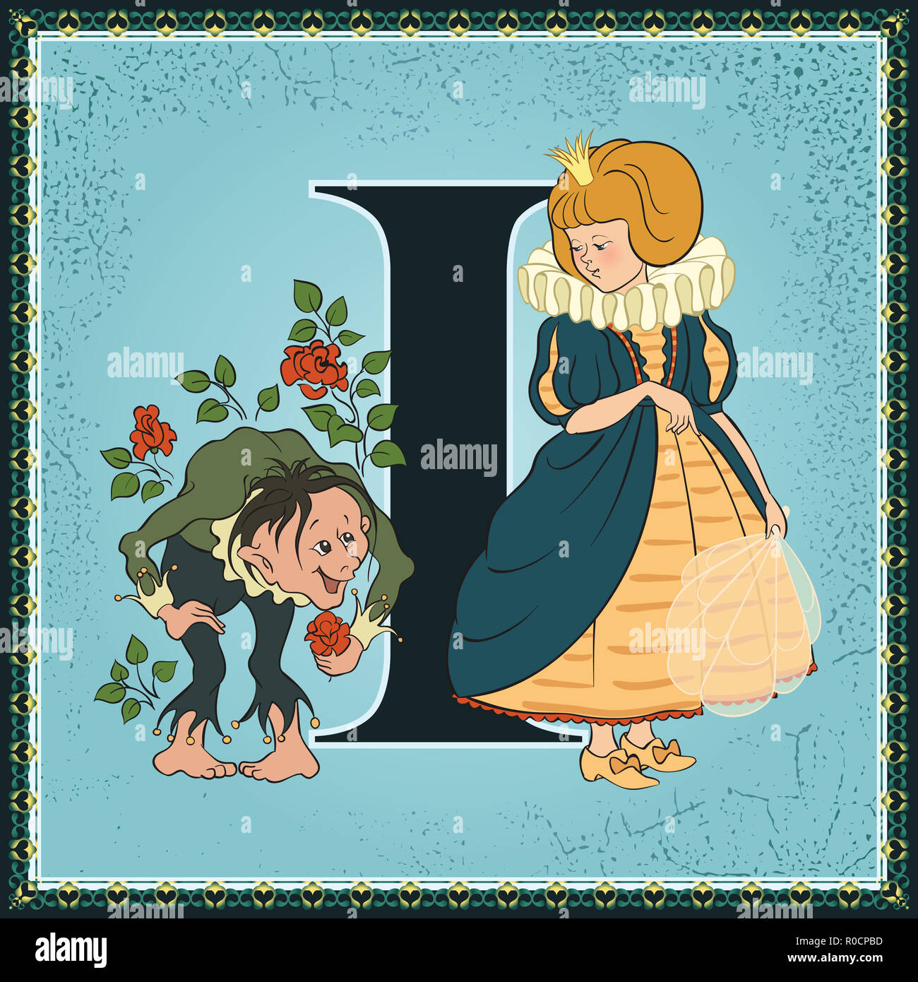 Libro para niños cartoon alfabeto de cuento de hadas.La letra I. El cumpleaños de la Infanta de Oscar Wilde Foto de stock