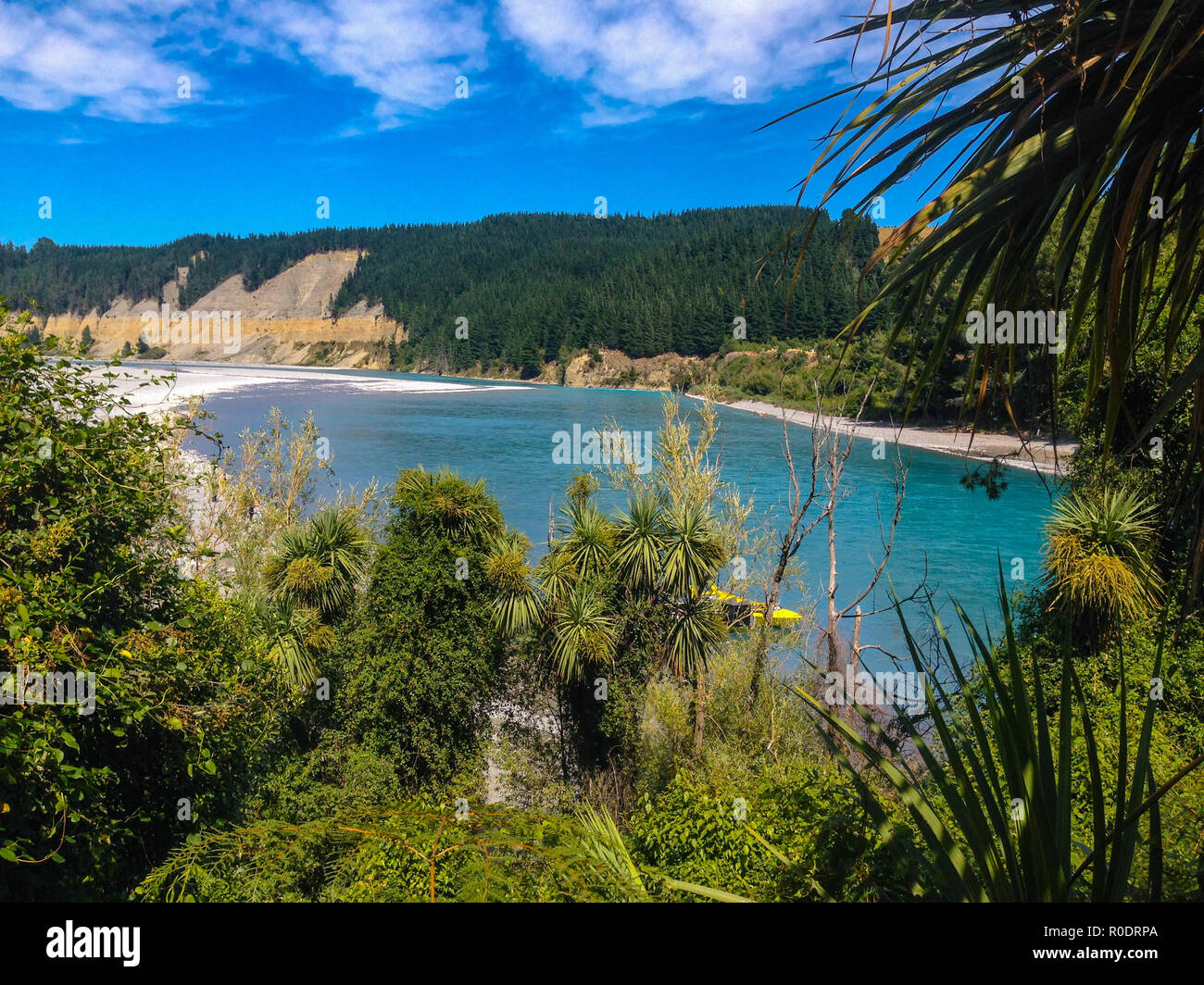 Pintoresco Rakaia Gorge y Rakaia River, en la Isla del Sur de Nueva Zelanda Foto de stock