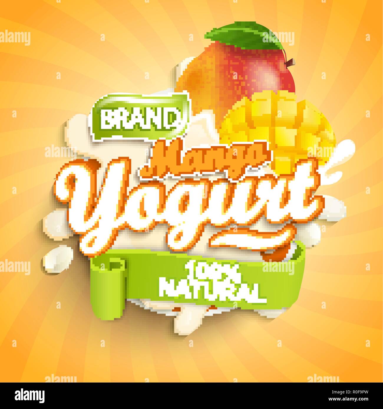 en director estudio Mango fresco y natural Yogurt etiqueta splash en sunburst fondo para su  marca, logotipo, plantilla, etiqueta, emblema para las tiendas de  comestibles, la agricultura, el embalaje y la publicidad. Ilustración  vectorial Imagen