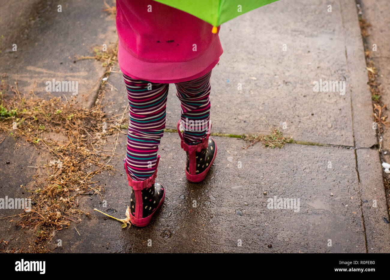 Una de 4 años camina en la lluvia sosteniendo un paraguas y llevaba botas agua Fotografía de stock - Alamy