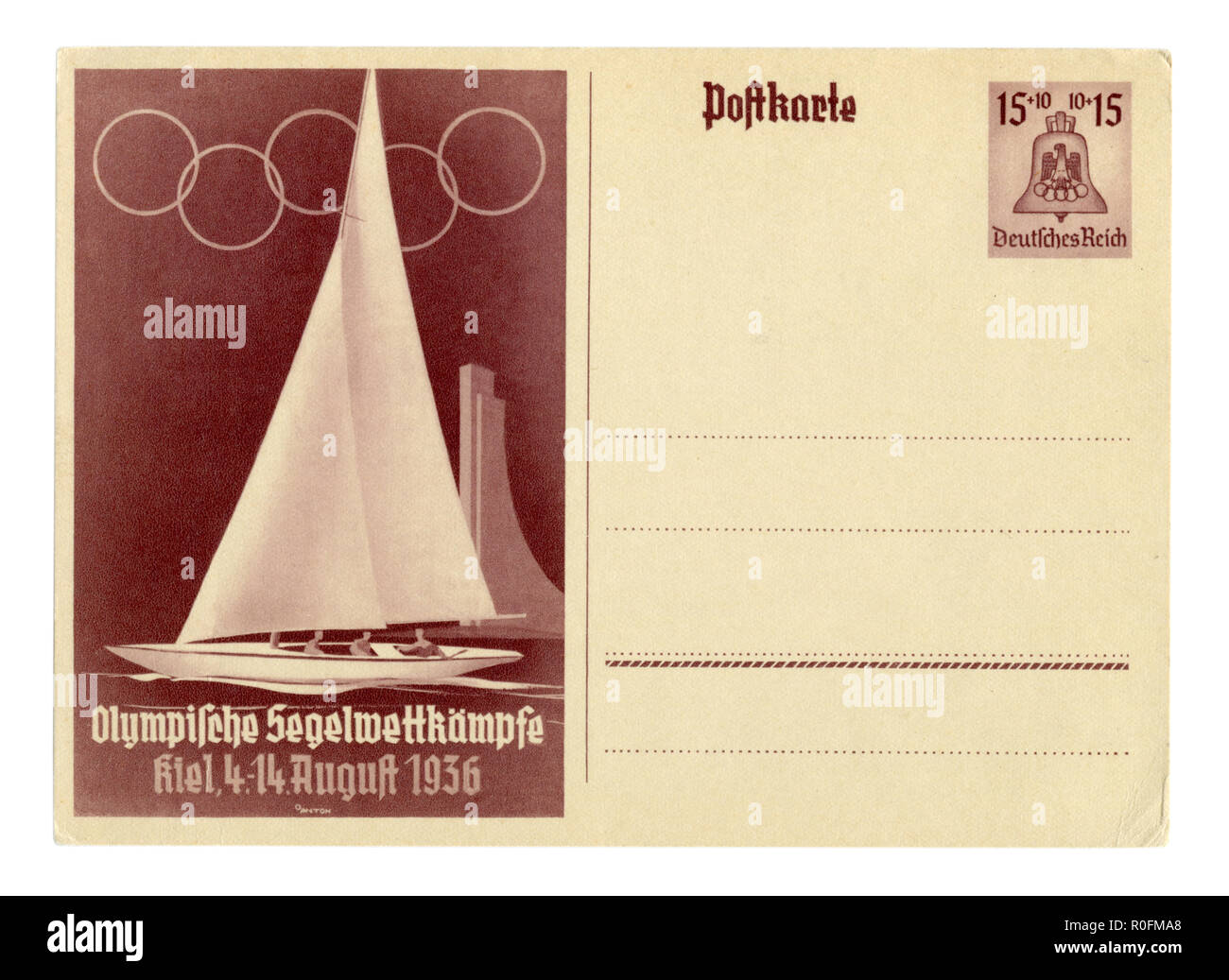 Tarjeta postal histórica alemana: 11 de los Juegos Olímpicos de Verano de 1936 en Berlín, deportes acuáticos, de la ciudad de Kiel, yate, condiciones especiales de cancelación, Alemania, el Tercer Reich Foto de stock