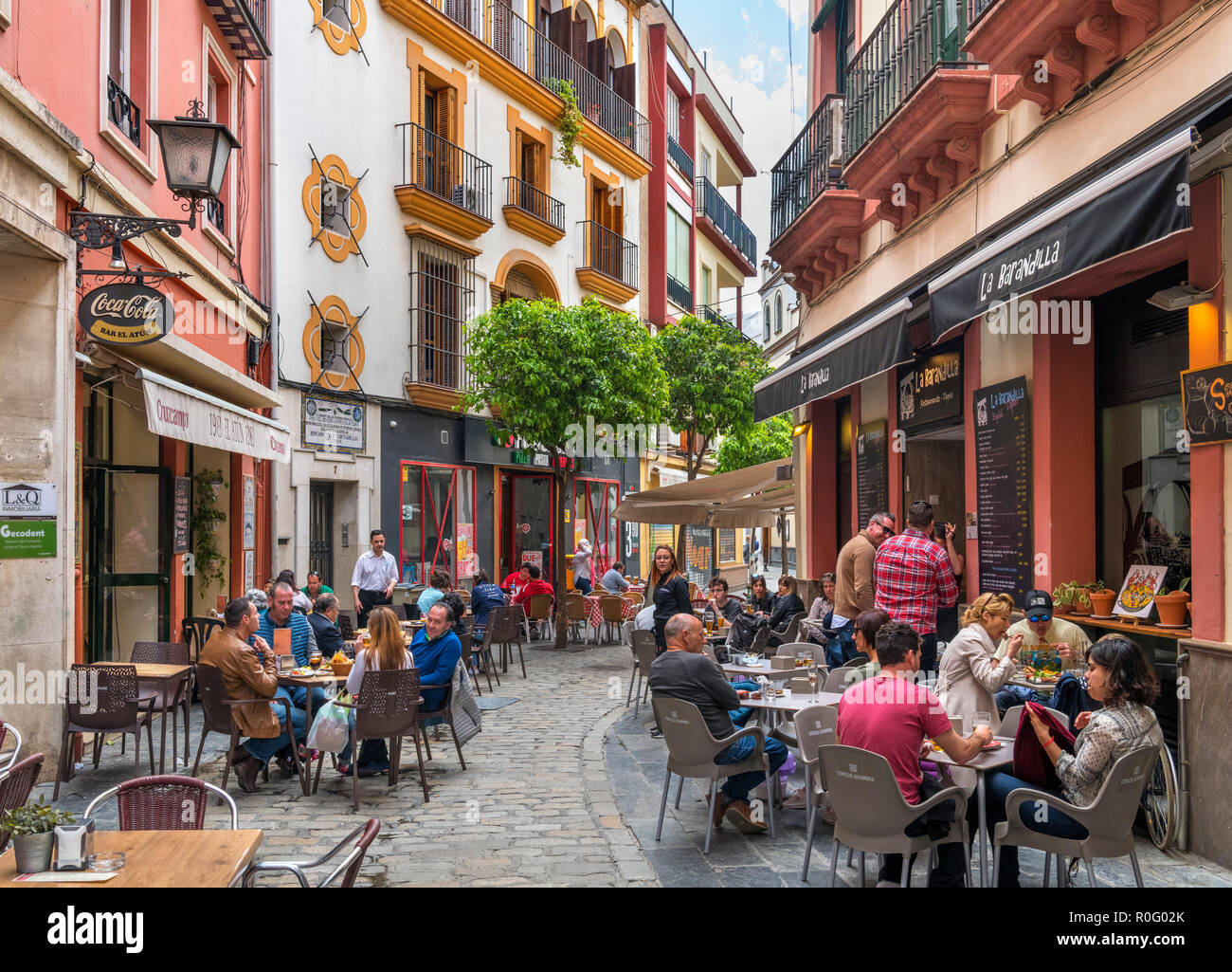 Cafeterías y restaurantes en la calle Joaquín Guichot, cerca de la Plaza Nueva, Sevilla, Andalucía, España. Foto de stock