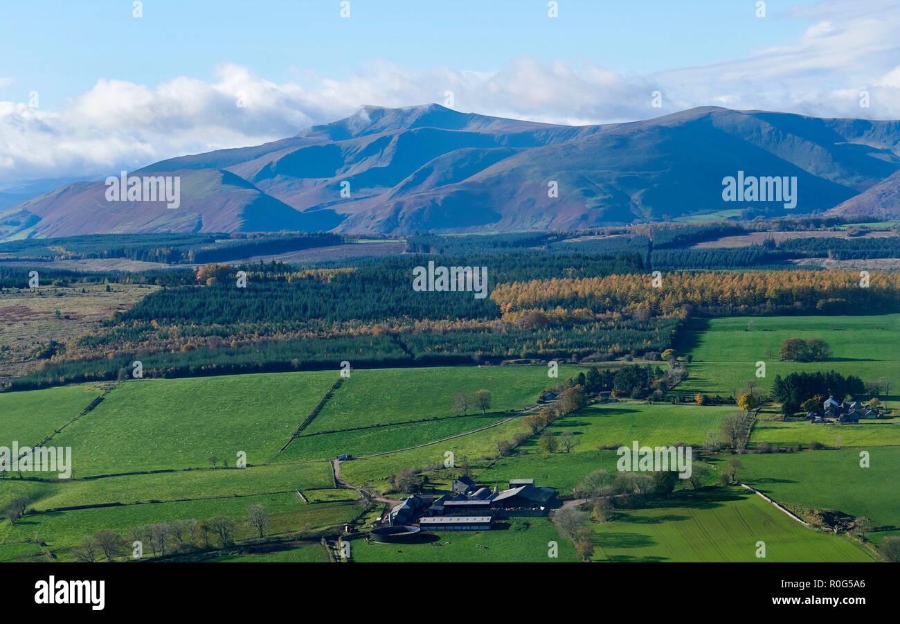Paisaje de campo de Cumbria, tomada desde el aire, en la zona de Penrith, Noroeste de Inglaterra, Reino Unido. Foto de stock