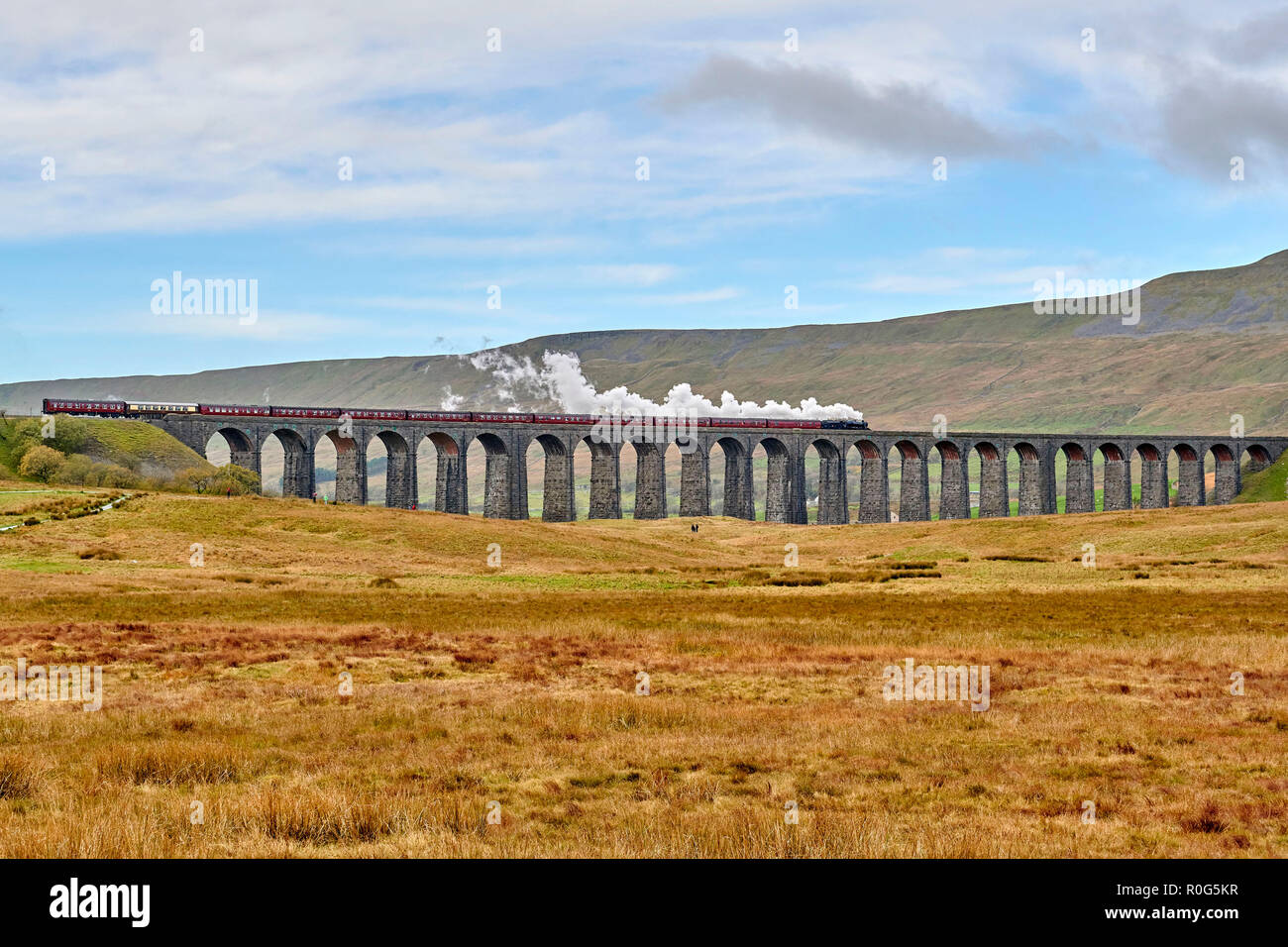 Transportados en trenes de vapor preservadas Ribblehead viaducto en la línea ferroviaria de resolver & Carlisle, Yorkshire Dales National Park, en el norte de Inglaterra, Reino Unido. Foto de stock