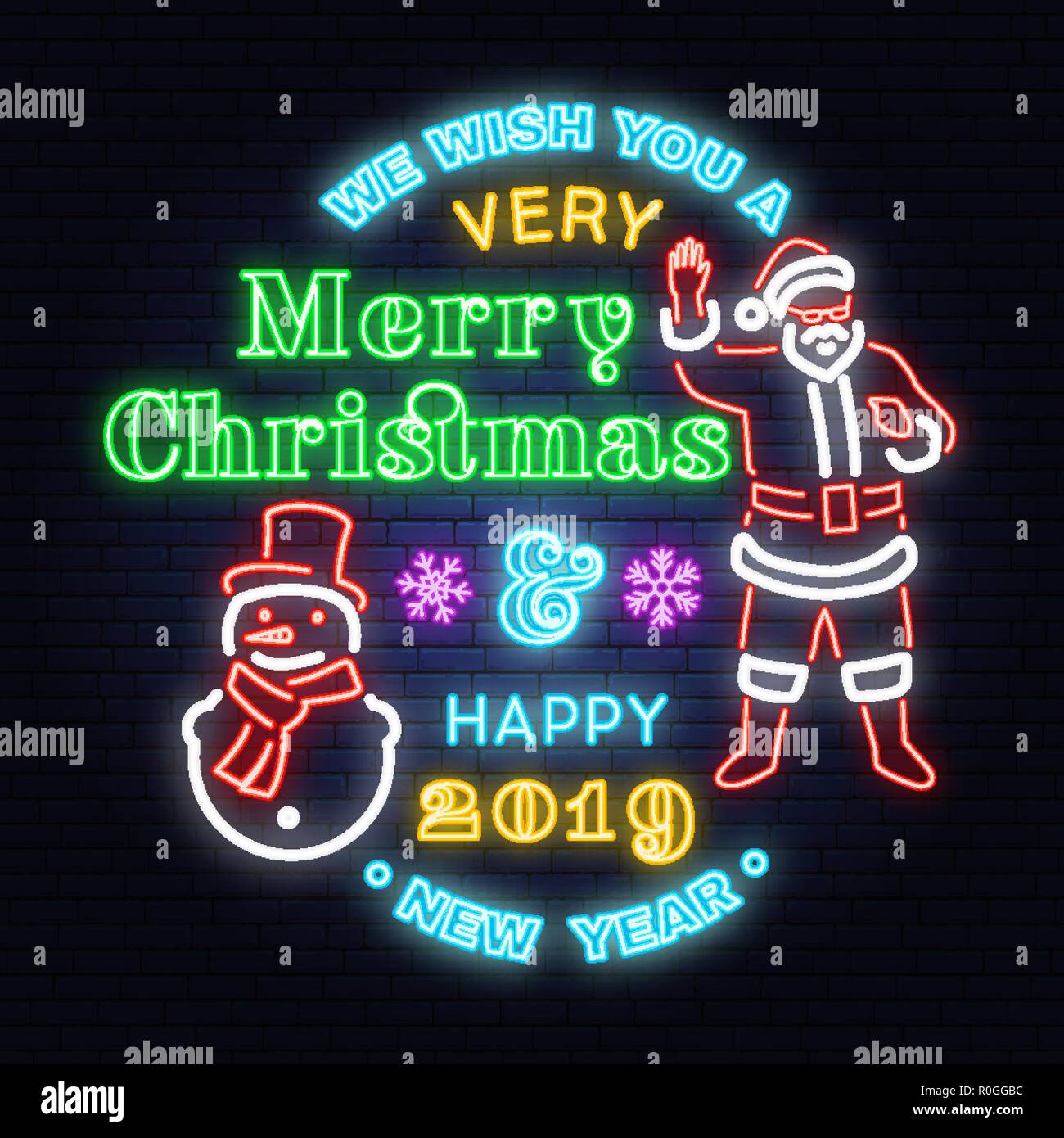 Le deseamos una muy Feliz Navidad y Próspero Año Nuevo cartel de neón con el muñeco de nieve y Santa Claus. Vector. Diseño de neón para navidad, año nuevo emblema luminoso cartel, banner de luz. Noche cartel Ilustración del Vector