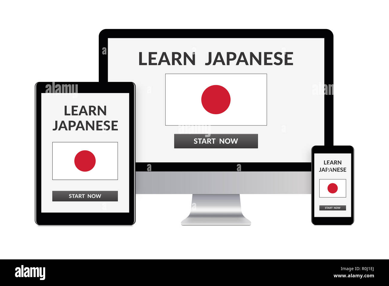 Ordenador de escritorio, tablet y smartphone aislado en blanco con aprender japonés concepto en pantalla. Generado dispositivos digitales. Foto de stock