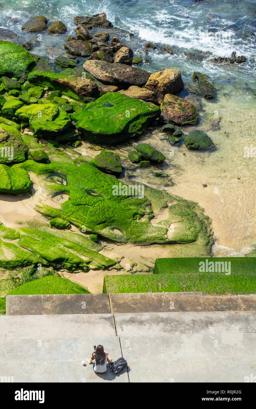 Mujer sentada por rocas cubiertas de algas en el extremo sur de la playa de Bondi, Sydney, NSW, Australia. Foto de stock