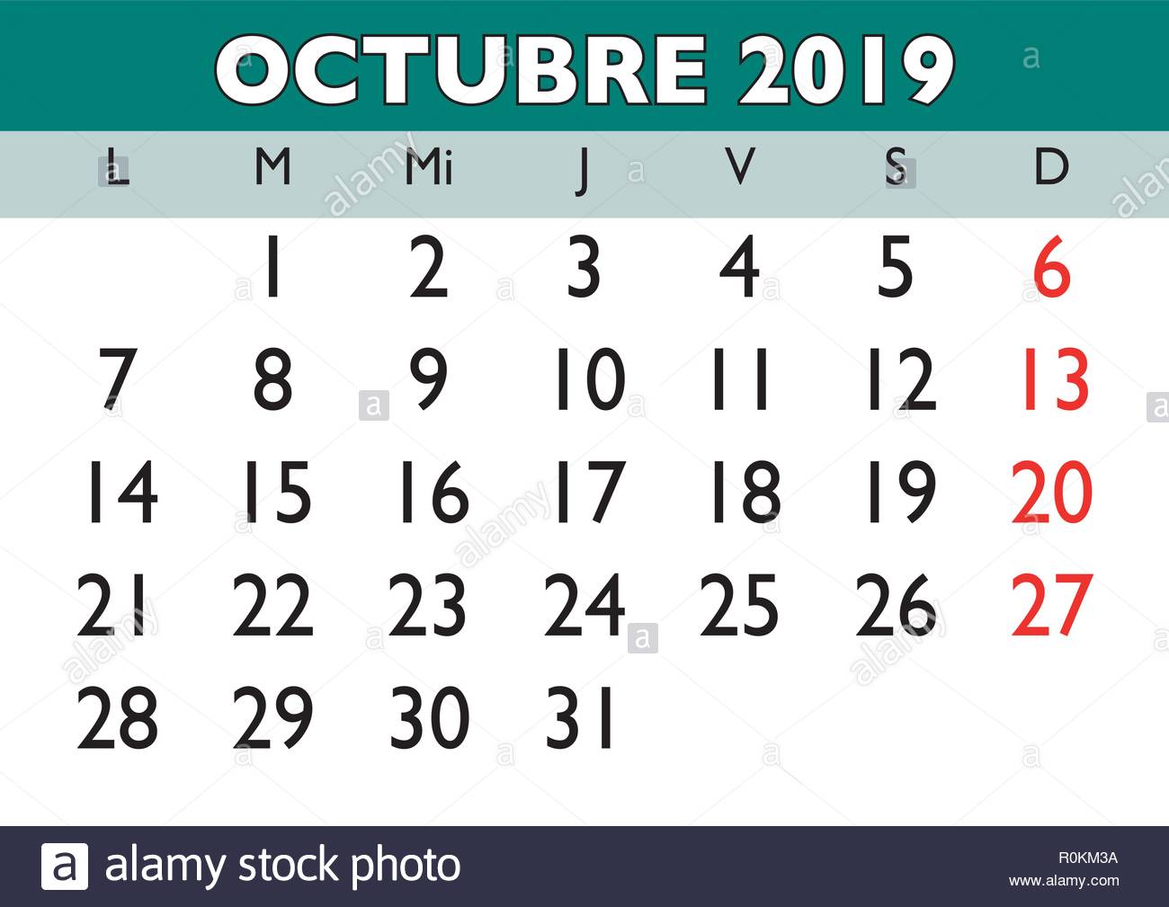 En el mes de octubre del año 2019 calendario de pared en español