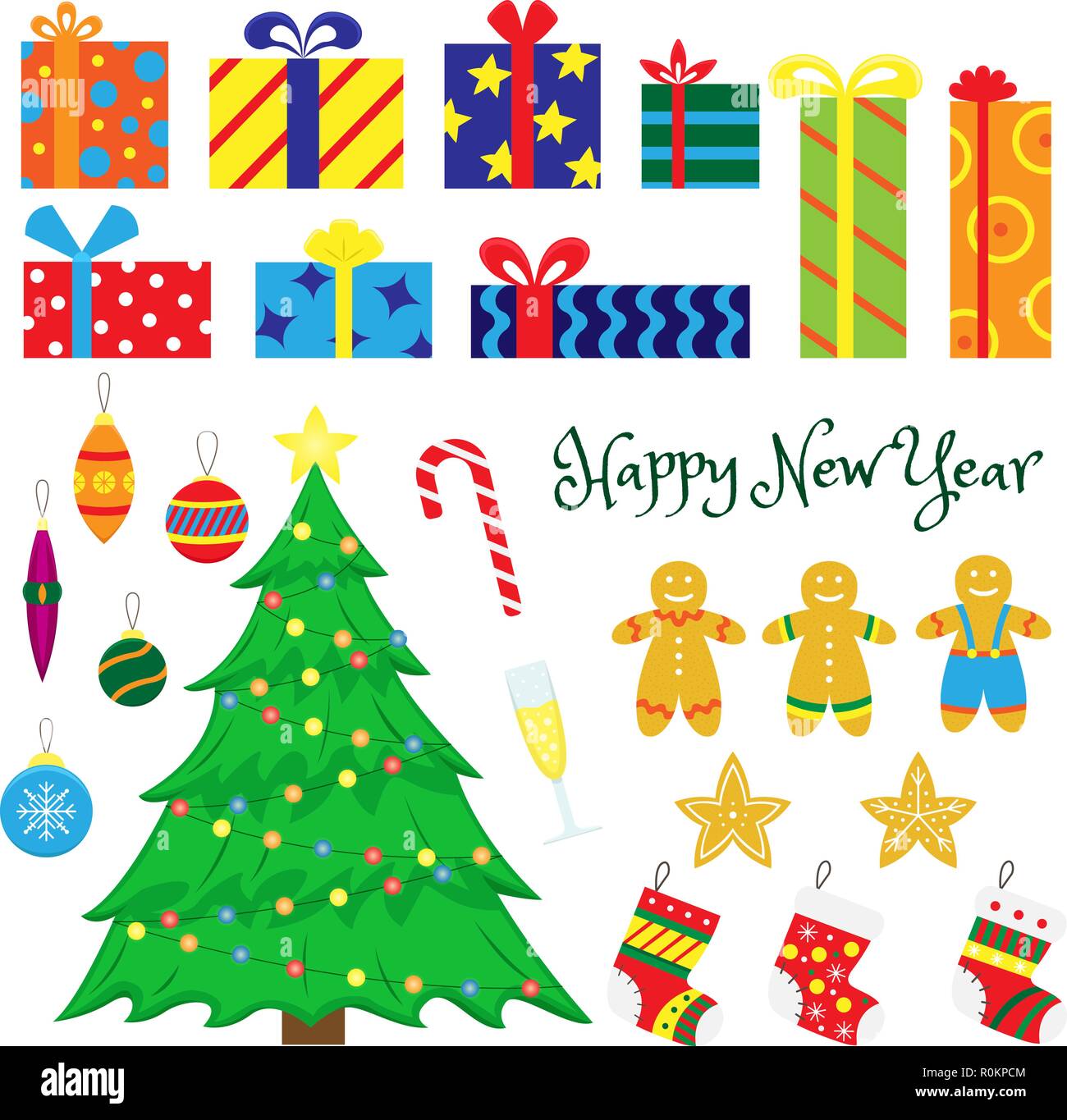 Conjunto de adornos de Navidad, árboles de Navidad, juguetes, regalos de  Navidad, pan de jengibre, calcetines para regalos. Plana ilustraciones de  dibujos animados Imagen Vector de stock - Alamy