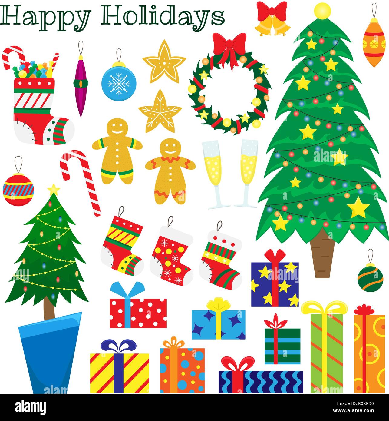 Conjunto de adornos de Navidad, árboles de Navidad, juguetes, regalos de  Navidad, pan de jengibre, calcetines para regalos. Plana ilustraciones de  dibujos animados Imagen Vector de stock - Alamy