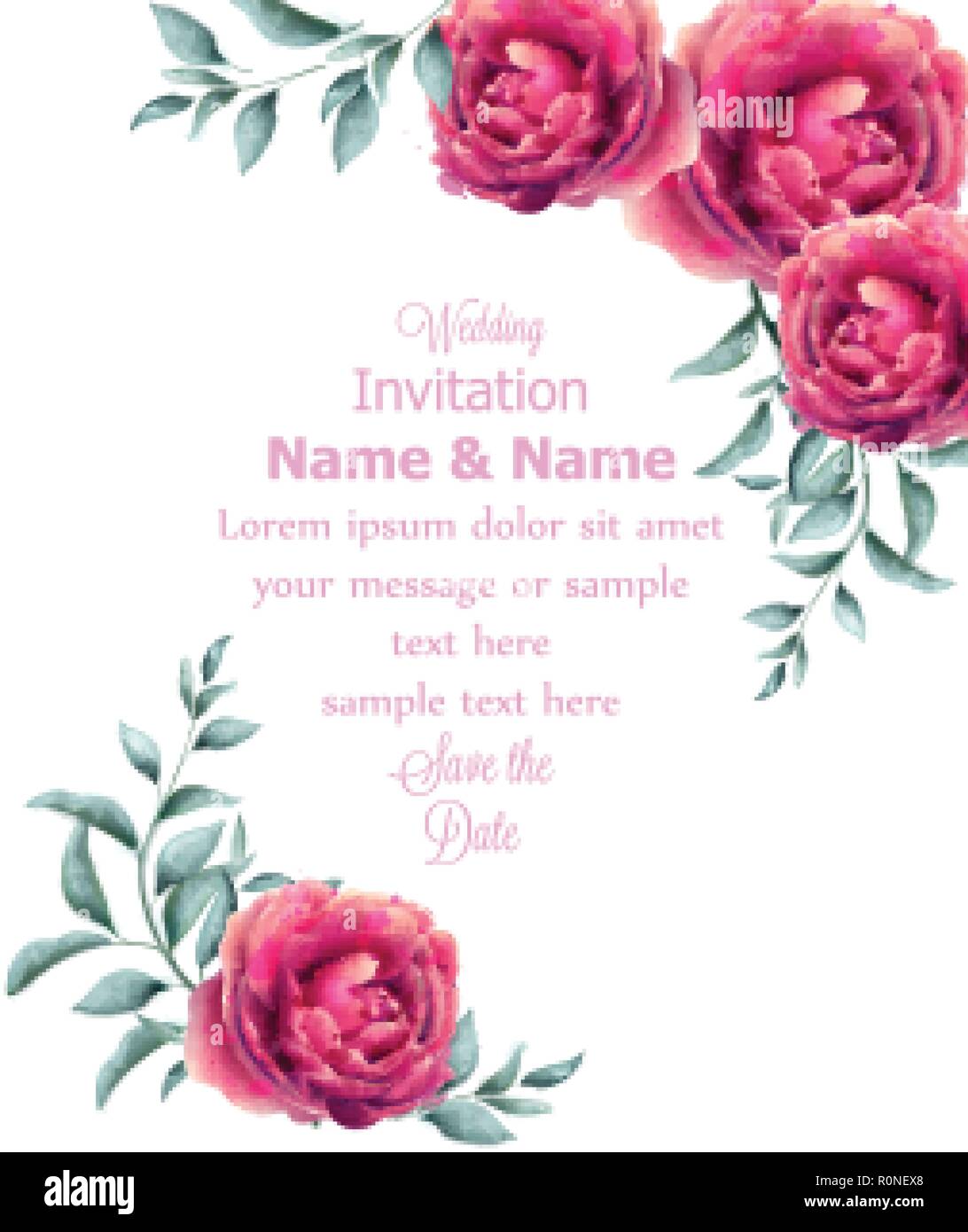 Invitación de boda rosas flores acuarela Vector del bastidor. Hermosos  colores fucsia decoración floral Imagen Vector de stock - Alamy
