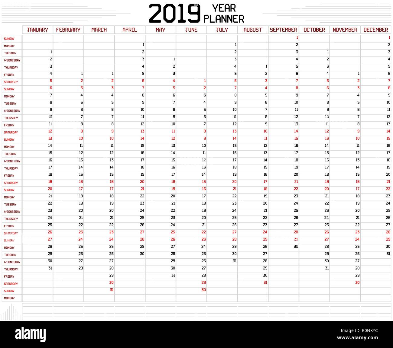 Año 2019 Planner - Planificador anual de un calendario para el año 2019 en  blanco. Una costumbre líneas rectas fuente gruesa es utilizado Imagen  Vector de stock - Alamy