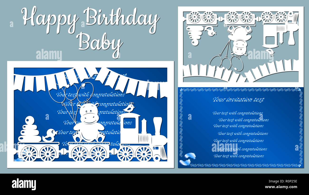 La imagen con la inscripción-Feliz cumpleaños del bebé. Plantilla con ilustración vectorial de juguetes. Animales en el tren. De corte por láser, plotter y si Ilustración del Vector